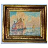 Original Gold-Framed Oil Painting by B. Major - Fishing Boat Landscape 13.5" x 11.5"