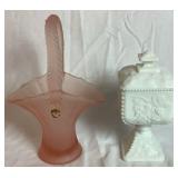 Westmoreland Grouping - Milk Glass Pedestal Compote 8" H and Pink Frosted Glass Basket 10.5" H