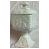 Westmoreland Grouping - Milk Glass Pedestal Compote 8" H and Pink Frosted Glass Basket 10.5" H
