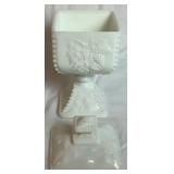 Westmoreland Grouping - Milk Glass Pedestal Compote 8" H and Pink Frosted Glass Basket 10.5" H