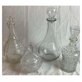 Bundle of Vintage Decanters and 3 Footed Crystal Bowl with Lid