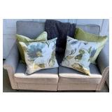 Nailhead Trim Loveseat with Pier 1 Throw Pillows and Blanket