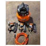 RIDGID 6 Gal. 150 PSI Electric Air Compressor with 25 ft. Hose, 18GA Brad Nailer, 16GA Finish Nailer and 18GA Finish Stapler Customer Returns See Pictures