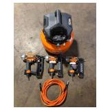 RIDGID 6 Gal. 150 PSI Electric Air Compressor with 25 ft. Hose, 18GA Brad Nailer, 16GA Finish Nailer and 18GA Finish Stapler Customer Returns See Pictures
