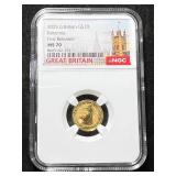 1/10TH OZ .9999 FINE GOLD BRITTANIA NGC MS70 FIRST RELEASE