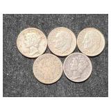 GROUP OF 5 US SILVER DIMES