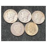 GROUP OF 5 US SILVER DIMES
