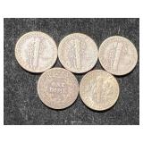 GROUP OF 5 US SILVER DIMES
