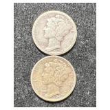 2 US MERCURY DIMES 1934 1944