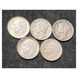 GROUP OF 5 US SILVER DIMES
