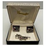 Vintage SWANK Brand Railroad Train Themed Tie Clip And Cuff Link Set In Original Barrington Jewelry Box