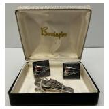 Vintage SWANK Brand Railroad Train Themed Tie Clip And Cuff Link Set In Original Barrington Jewelry Box