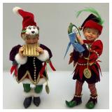 2 Handmade Clothtique Christmas Musician Jesters Figurines (One With Flute Has Repaired Leg) 8"