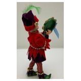 2 Handmade Clothtique Christmas Musician Jesters Figurines (One With Flute Has Repaired Leg) 8"