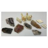 Misc. Rock Slices, Stone Animals (One Has Chipped hand) & More