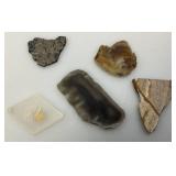 Misc. Rock Slices, Stone Animals (One Has Chipped hand) & More