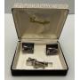 Vintage SWANK Brand Railroad Train Themed Tie Clip And Cuff Link Set In Original Barrington Jewelry Box