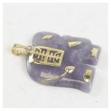 14K Yellow Gold and Purple Jade Elephant Pendant