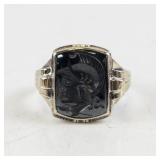 Sterling Silver and 10K Hematite Intaglio Ring Size 11.25