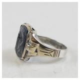 Sterling Silver and 10K Hematite Intaglio Ring Size 11.25