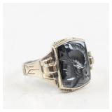 Sterling Silver and 10K Hematite Intaglio Ring Size 11.25