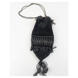 Vintage Black Beaded Evening Purse with Fringe and Chain Strap