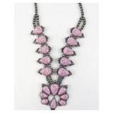 Pink Stone Squash Blossom Necklace with Silver Tone Beads