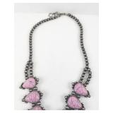 Pink Stone Squash Blossom Necklace with Silver Tone Beads