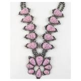 Pink Stone Squash Blossom Necklace with Silver Tone Beads