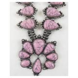 Pink Stone Squash Blossom Necklace with Silver Tone Beads