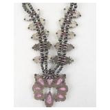 Pink Stone Squash Blossom Necklace with Silver Tone Beads