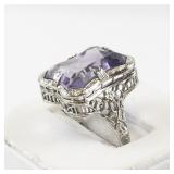 14K Vintage Styled White Gold Fancy Cut Amethyst Ring Size 7.5