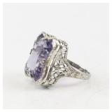 14K Vintage Styled White Gold Fancy Cut Amethyst Ring Size 7.5