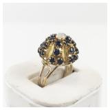 14K Yellow Gold Ring with Sapphires and Opal. Size 6.25