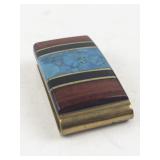 Vintage Brass Money Clip with Turquoise, Wood, and Onyx Inlay
