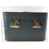 Vintage Blue Faux Leather Train Case/Jewelry Box with Mirror and Locking Clasps