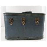 Vintage Blue Faux Leather Train Case/Jewelry Box with Mirror and Locking Clasps