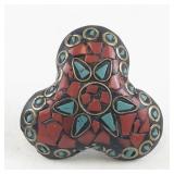 Coral and Turquoise Chip Mosaic Brass Ring Size 6-7