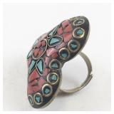 Coral and Turquoise Chip Mosaic Brass Ring Size 6-7