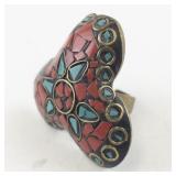 Coral and Turquoise Chip Mosaic Brass Ring Size 6-7