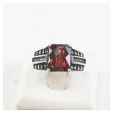 Checker Cut Garnet and Marcasite Sterling Silver Ring Size 5.75