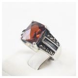 Checker Cut Garnet and Marcasite Sterling Silver Ring Size 5.75