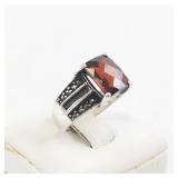 Checker Cut Garnet and Marcasite Sterling Silver Ring Size 5.75