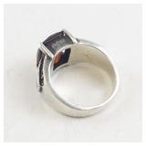 Checker Cut Garnet and Marcasite Sterling Silver Ring Size 5.75