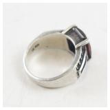 Checker Cut Garnet and Marcasite Sterling Silver Ring Size 5.75