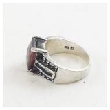 Checker Cut Garnet and Marcasite Sterling Silver Ring Size 5.75