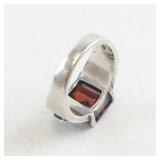 Checker Cut Garnet and Marcasite Sterling Silver Ring Size 5.75
