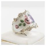 Sterling Silver Floral Enamel Ring. Size 8