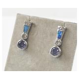 Sterling Silver Drop Earrings with Amethyst, CZ, and Opal Inlay