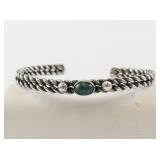 Twisted Rope Silver Tone Cuff Bracelet with Green Stone Accent